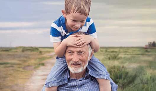 Boy on man's shoulders outside